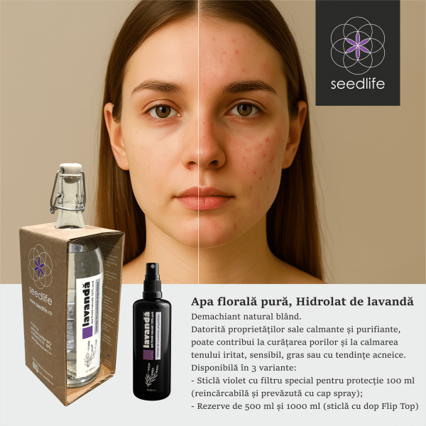 Apă florală (Hidrolat) de lavandă 100% pură - 1000 ml, sticlă cu dop FLIP TOP - imagine 2